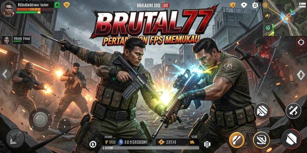 Tampilan gameplay yang intens dalam BRUTAL77 dengan aksi tembak-menembak yang mendebarkan.