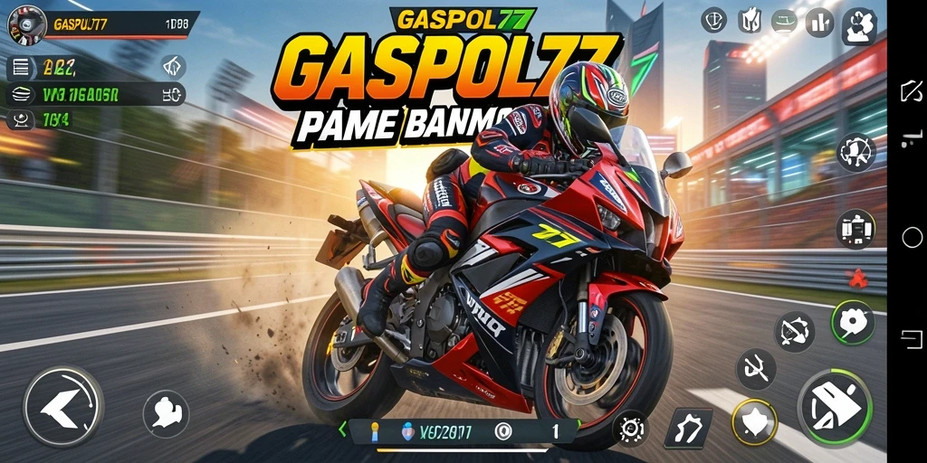 Screenshot gameplay GASPOL77 yang menampilkan aksi balap motor yang intens.